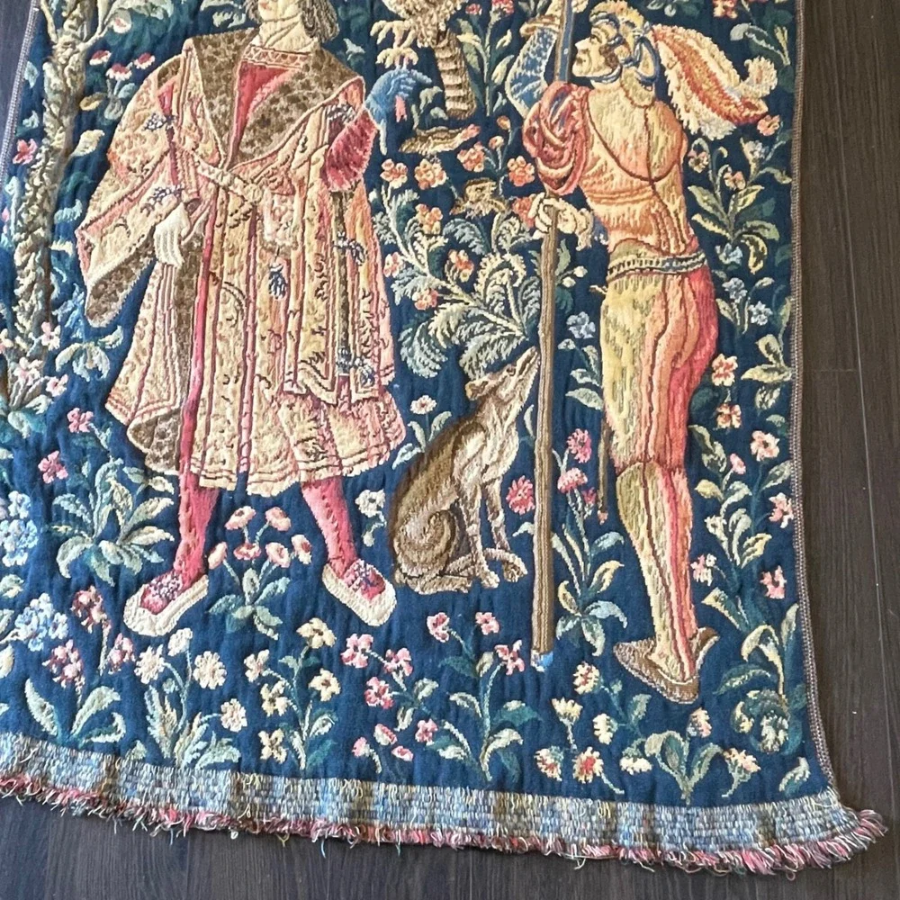 Vintage French Aubusson‎ Medieval Hunting  Millefleurs Woven Hanging Tapestry